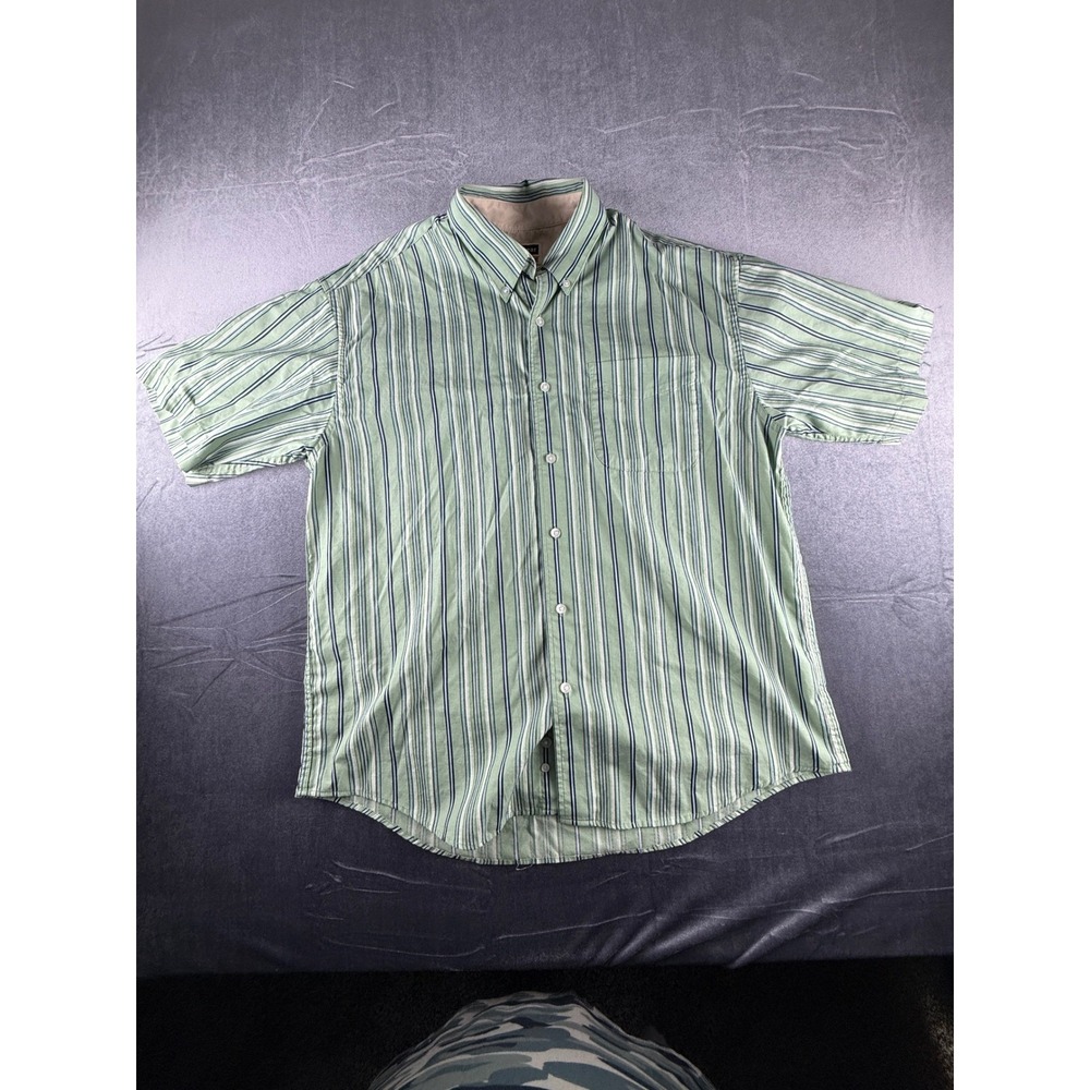 Haggar Forever New Men's Large Green Striped Button Front Shirt Short Sleeve